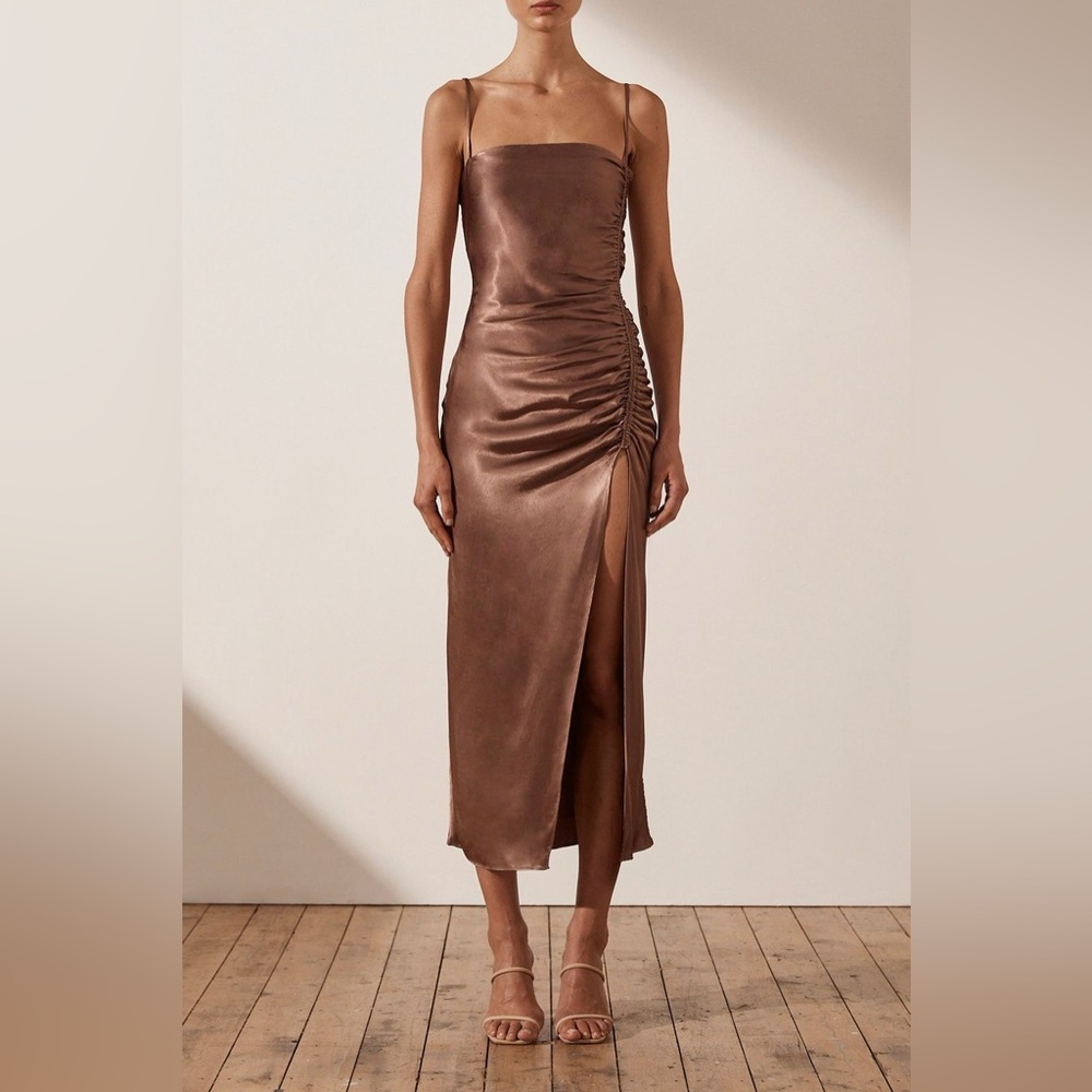 Shona Joy Lily Bias Ruched Midi Dress in Clove 4